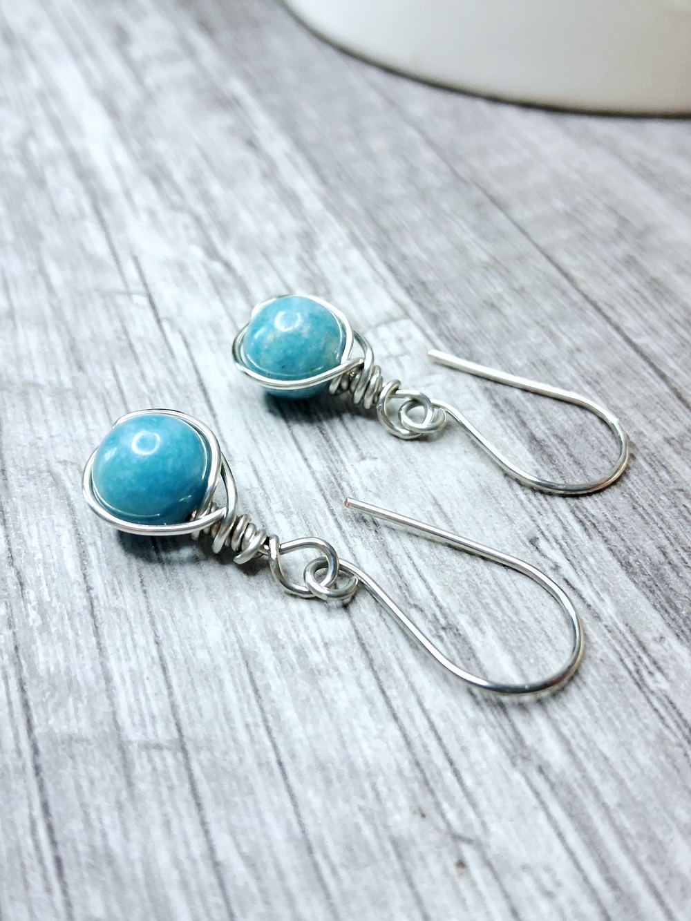 Larimar Gemstone Wire Wrapped Dangle Earrings - Picture 2 of 3